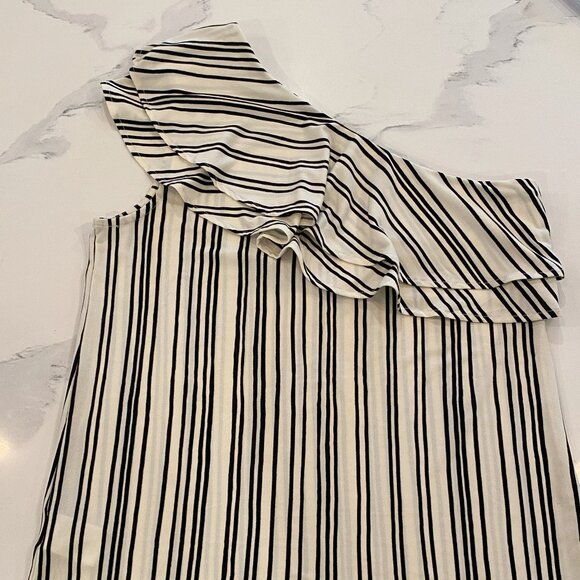 No tag - Zara - One Sleeve, Swoop Neck, Cream/Black Striped, Ruffle Top - Size L - Picture 2 of 4